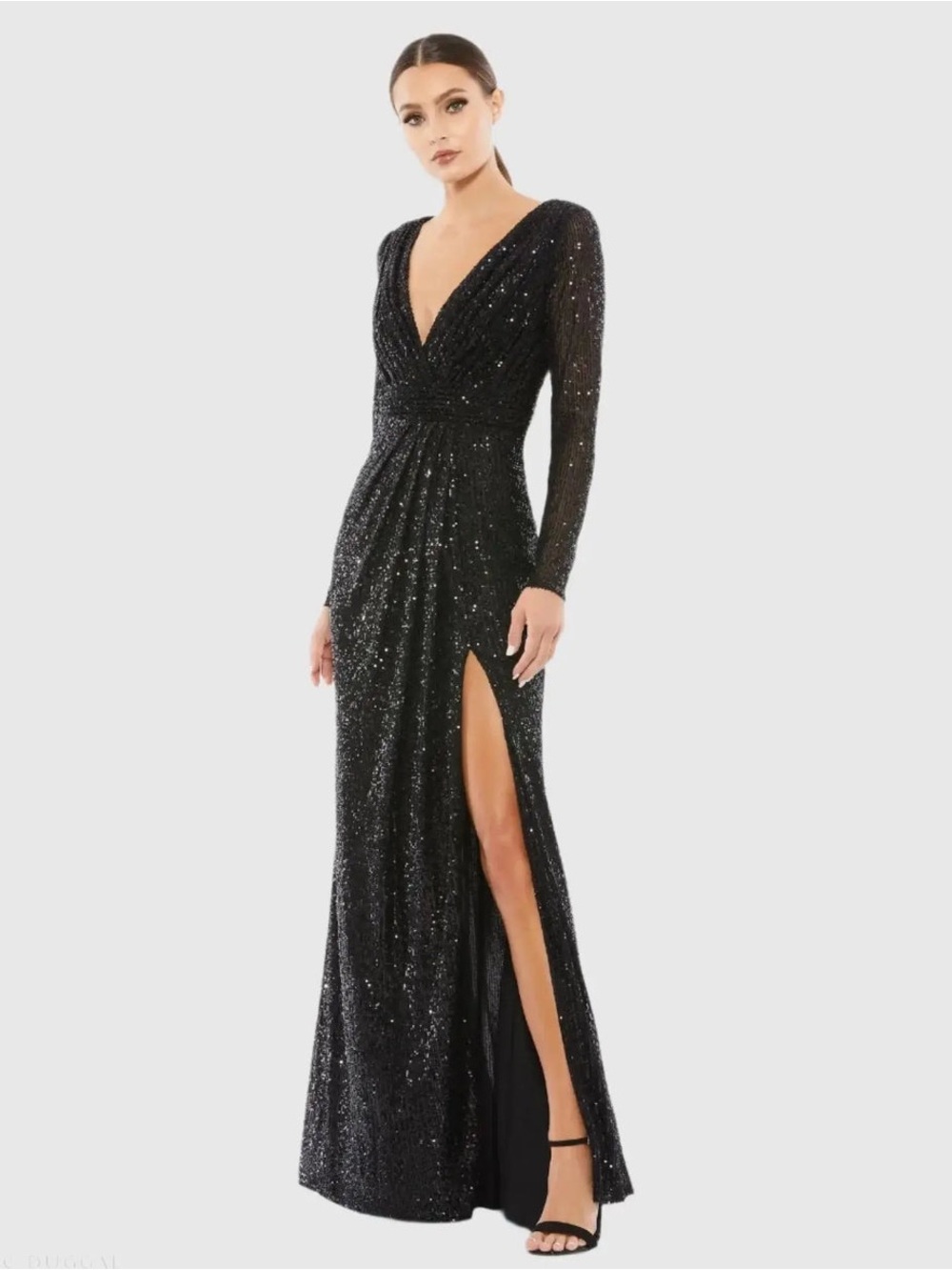 Mac Duggal $398 Black Sequined Long Sleeve Gown 26490
